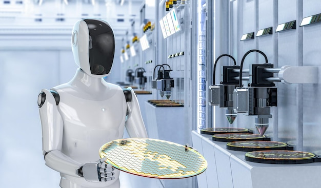 Fabrication de semi-conducteurs avec robot d'assistance tenant des plaquettes de silicium