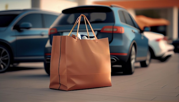 Fabriquer des sacs avec des achats sur le fond d'un coffre de voiture ouvert généré par Al