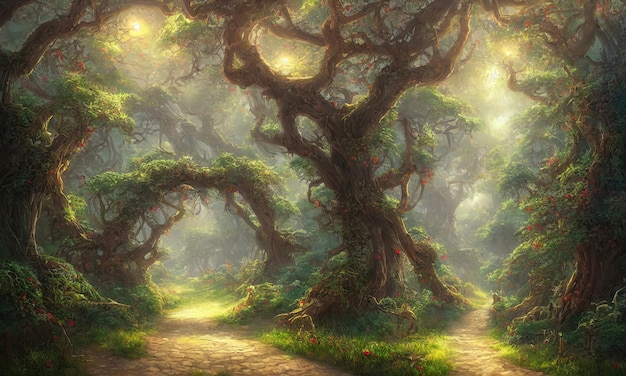 Fabuleuse forêt mystérieuse d'arbres magiques Les rayons du soleil traversent le feuillage et les branches des arbres Chemin à travers les fourrés de la forêt Illustration 3d