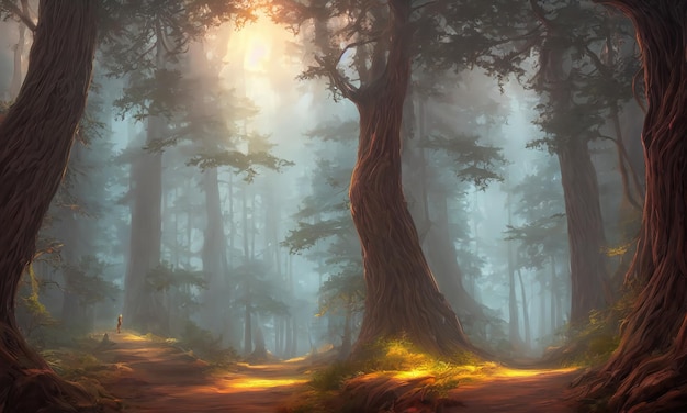 Fabuleuse forêt mystérieuse d'arbres magiques Les rayons du soleil traversent le feuillage et les branches des arbres Chemin à travers les fourrés de la forêt Illustration 3d