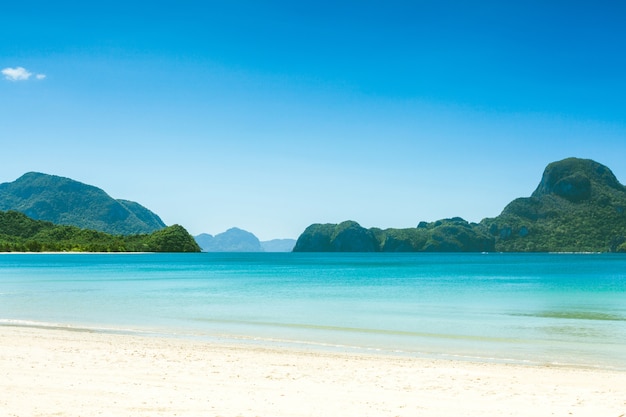 Photo fabuleuse plage exotique de sable blanc et de hauts palmiers, philippines, el nido