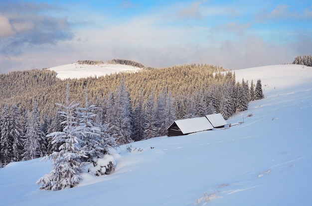 Fabuleuse vallée de montagne en hiver avec cabane