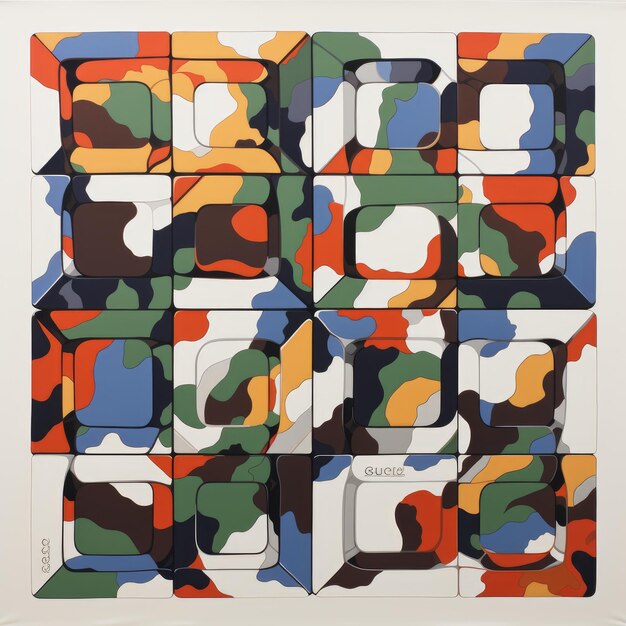 Le fabuleux cube de Rubik de Gucci, un imprimé textile de camouflage, sur un fond blanc et vif