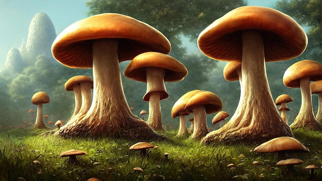 Fabuleux gros champignons dans une forêt magique Illustration de champignons fantastiques pour la couverture du livre Paysage étonnant de la nature illustration 3d