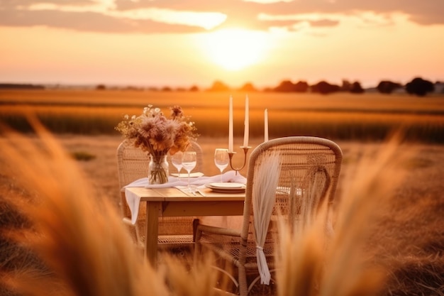 Fabuleux mariage pour deux au coucher du soleil dans le champ