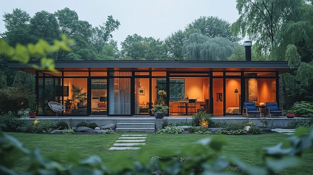 façade avant d'une maison de campagne moderne avec jardin