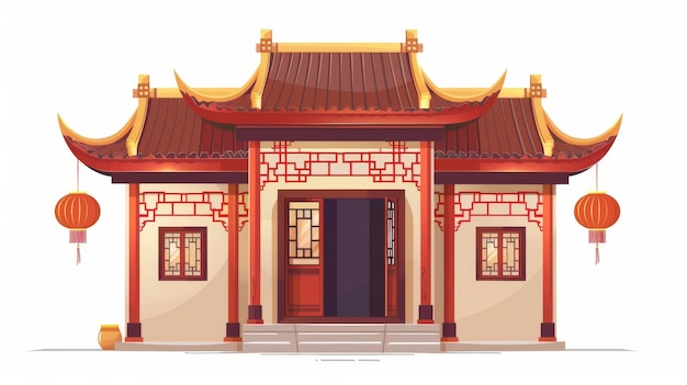 Photo façade de bâtiment chinois isolée sur fond blanc illustration moderne d'une maison chinoise traditionnelle avec un toit chinois et une porte d'entrée avec des lanternes en papier