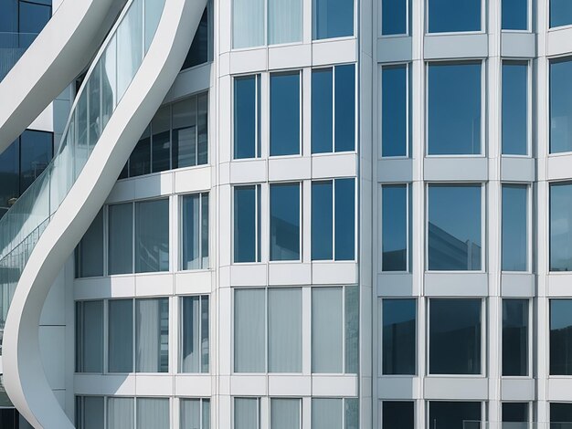 Façade d'un bâtiment moderne avec des fenêtres géométriques et des murs incurvés