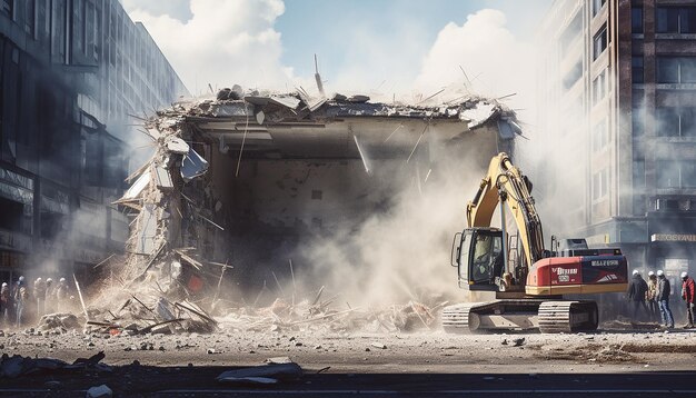 La façade d'un bâtiment en train d'être démolie par des ouvriers de démolition de machines