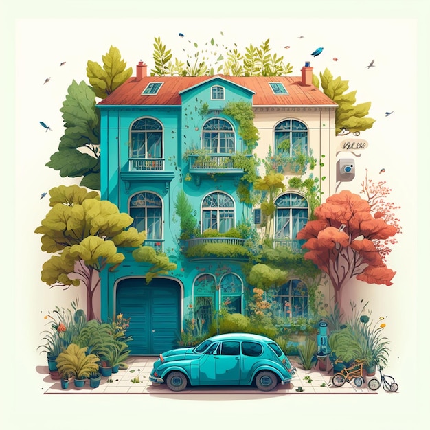 La façade d'une belle grande maison avec une voiture devant elle Style dessin animé