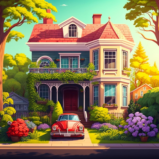 La façade d'une belle grande maison avec une voiture devant elle Style dessin animé