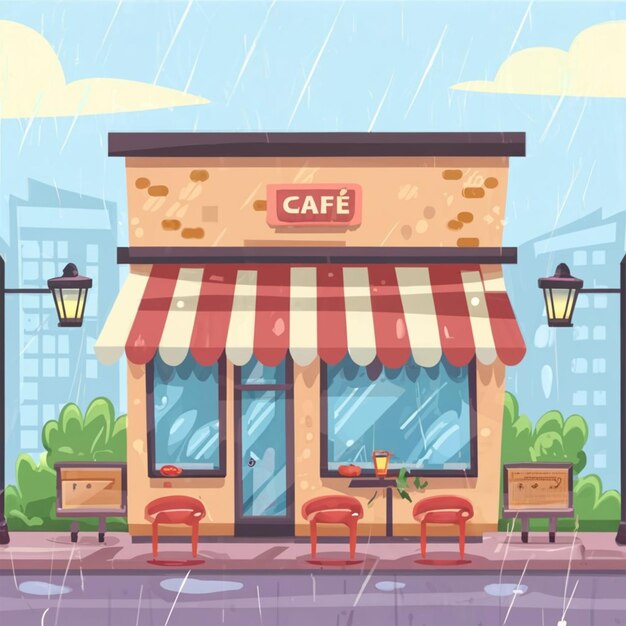 Façade d'un bistro de la ville pendant une douche d'été dans une illustration vectorielle de style dessin animé représentant une pluie torrentielle