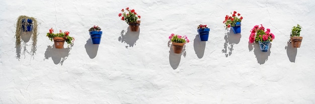 Façade blanche andalouse typique avec des pots de fleurs rouges suspendus village andalou Mijas Espagne