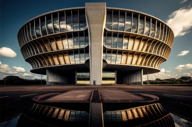 Façade d'un concept de bâtiment moderne avec des panneaux de verre aux lignes courbes