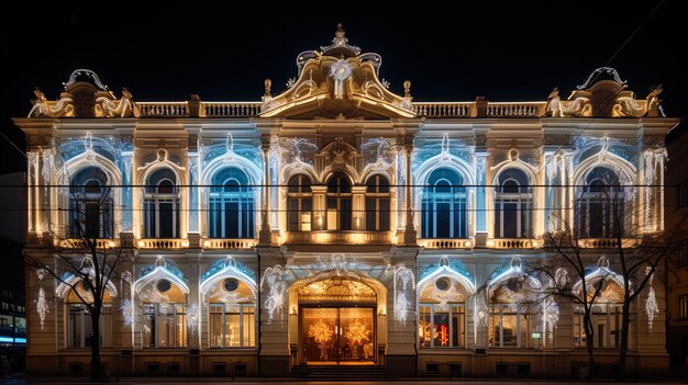 Photo la façade du bâtiment décorée de lumières et de bijoux du nouvel an