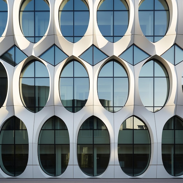 façade photo d'un bâtiment moderne avec des fenêtres géométriques et des murs incurvés