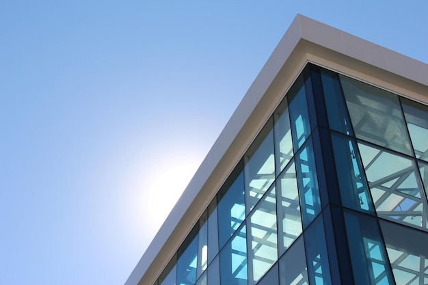 La façade transparente du bâtiment contre le ciel et le soleil