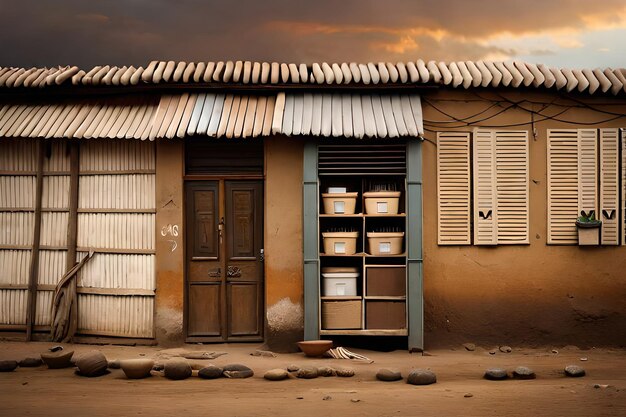 façades de logements et magasins devant un magasin dans une rue africaine pauvre