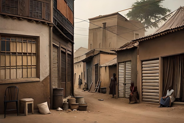 les façades des magasins et des maisons dans une rue africaine pauvre