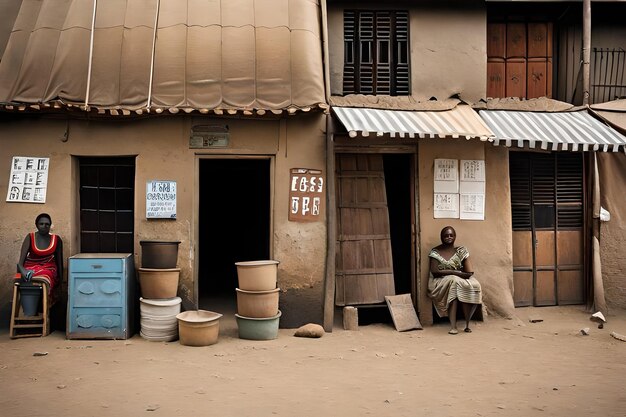 les façades des magasins et des maisons dans une rue africaine pauvre