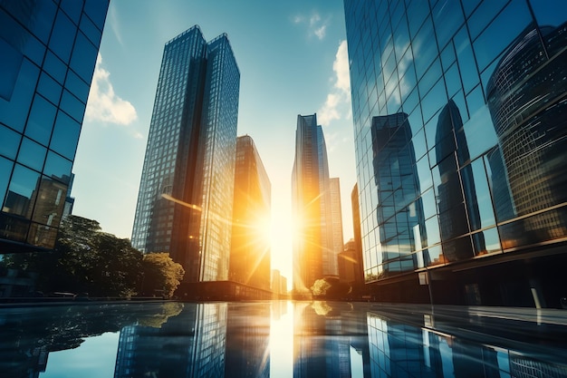 Les façades en verre des gratte-ciel par une belle journée ensoleillée avec des rayons de soleil dans le ciel bleu