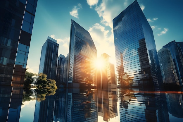 Les façades en verre des gratte-ciel par une belle journée ensoleillée avec des rayons de soleil dans le ciel bleu