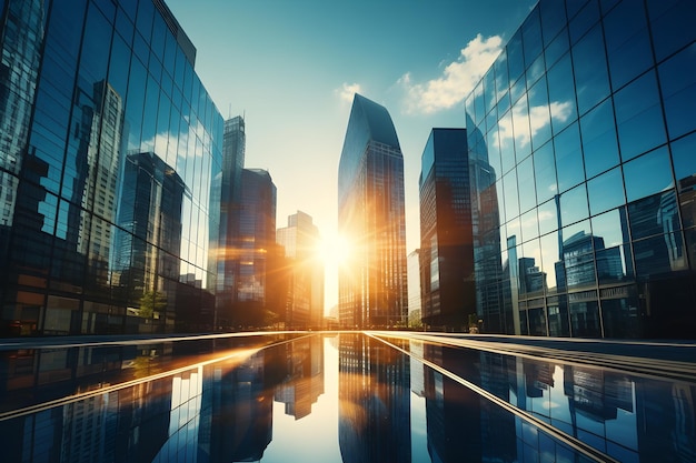 Les façades en verre des gratte-ciel par une belle journée ensoleillée avec des rayons de soleil dans le ciel bleu