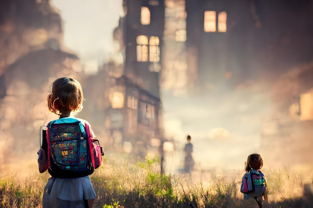 Face arrière petite fille avec sac à dos regardant le bâtiment de l'école au neural du matin d'automne brumeux