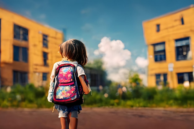 Face arrière petite fille avec sac à dos regardant le bâtiment de l'école au réseau de neurones de la journée d'été ensoleillée