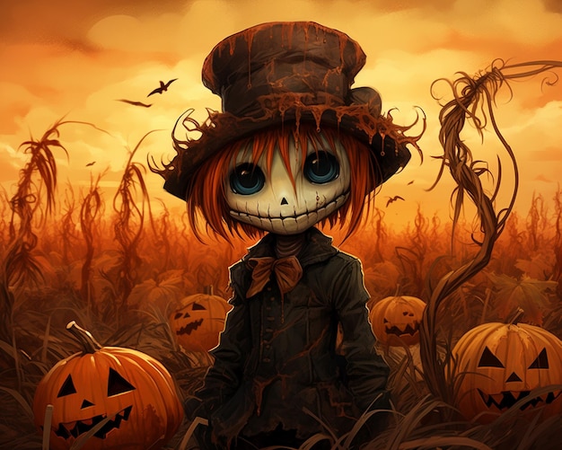 Face de citrouille d'Halloween dans un champ d'automne dans le style de dollcore