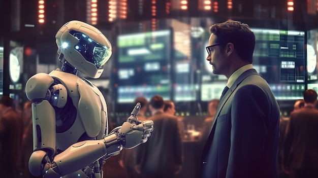Face à face d'un humain et d'un robot humanoïde