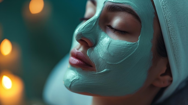 Photo face de femme de salon de beauté avec un masque apaisant embrassant la relaxation ambiance tranquille moment de rajeunissement et de beauté au milieu du monde animé