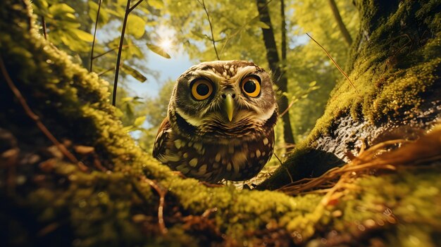 Photo face de hibou drôle de près avec de grands yeux