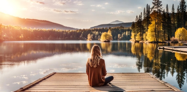 Face à la jeune femme assise sur une jetée en bois sur le rivage d'un magnifique lac de montagne au lever ou au coucher du soleil