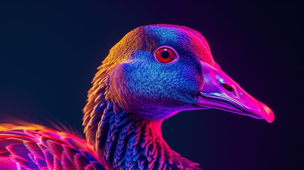 Face d'oiseau d'oie Image réaliste et impressionnante de couleur lumineuse au néon générée par l'IA