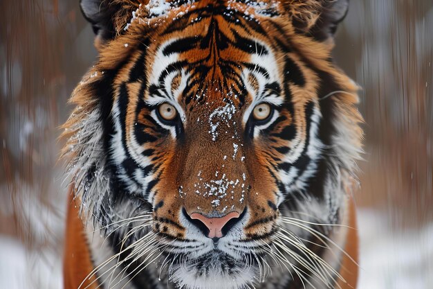 Face de tigre intense en gros plan avec des flocons de neige en hiver