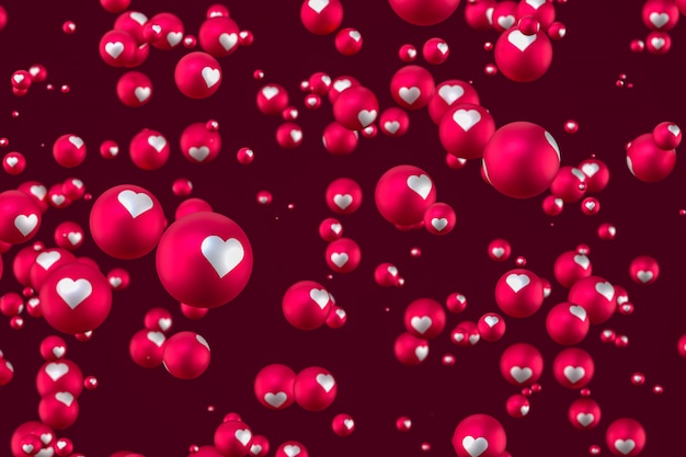 Facebook réactions coeur emoji rendu 3d sur fond rouge, symbole de ballon de médias sociaux avec coeur