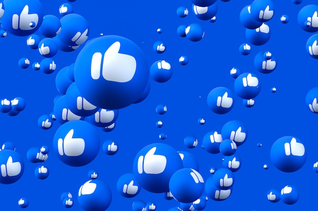 Photo facebook reactions emoji 3d render premium photo, social balloon symbol with like thumbs up icons pattern