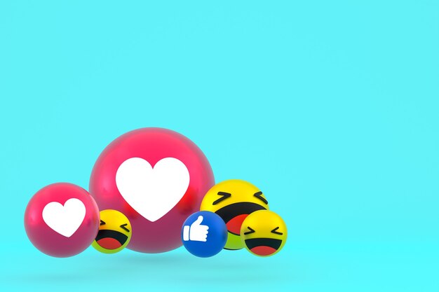 Facebook réactions emoji 3d render, symbole de ballon de médias sociaux sur bleu