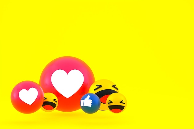 Facebook réactions emoji 3d rendersymbole de ballon de médias sociaux sur fond jaune