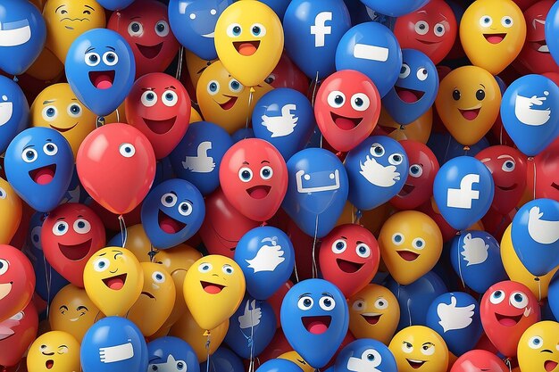 Photo facebook réactions emoji 3d rendu des médias sociaux symbole de ballon avec le motif des icônes de facebook