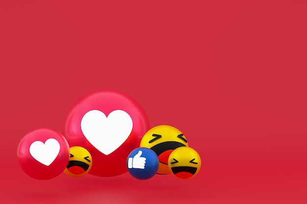 Photo facebook réactions emoji rendu 3d, symbole de ballon de médias sociaux sur fond rouge