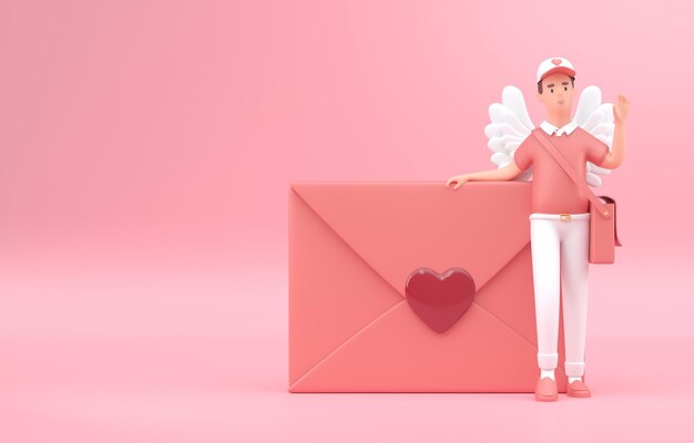 Facteur de la Saint-Valentin avec rendu 3D de l'enveloppe 3D