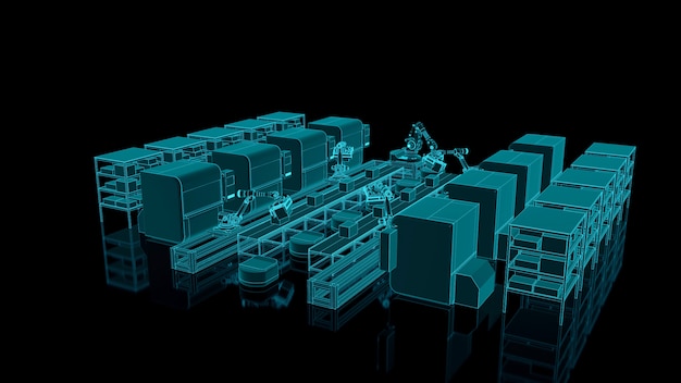 Factory Automation avec AGV, imprimantes 3D et bras robotique.