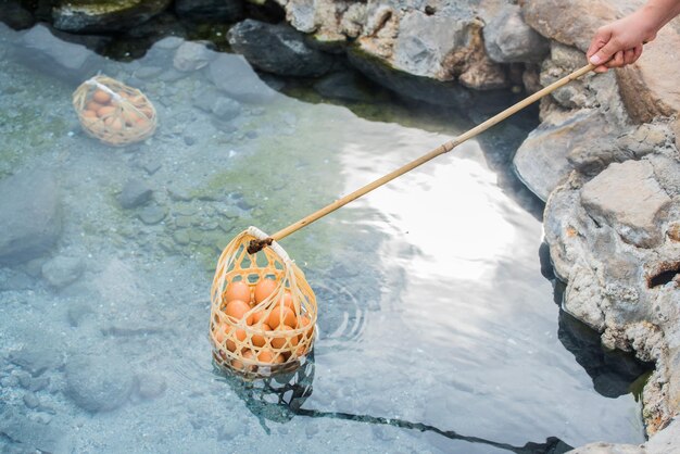 Faire bouillir l'œuf dans la piscine minérale et l'eau chaude naturelle