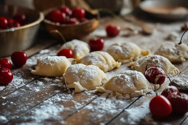 Faire des boulettes en forme de cœur avec des cerises sur la table