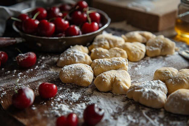 Faire des boulettes en forme de cœur avec des cerises sur la table