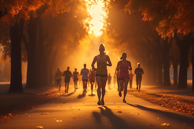 Faire courir les gens dans un parc brumeux au lever du soleil Concept de style de vie sain
