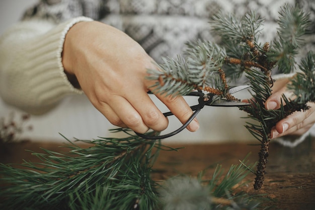 Faire une couronne de Noël Femme coupant une branche de pin avec des ciseaux sur fond rustique se bouchent