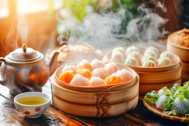 Faire cuire le Dim Sum à la vapeur dans des vapeurs en bambou avec du TeaxA